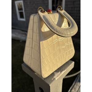 Staud Bag Kenny Cream Trapezoid Handbag Croc Embossed Leather Top Handle 6.5”